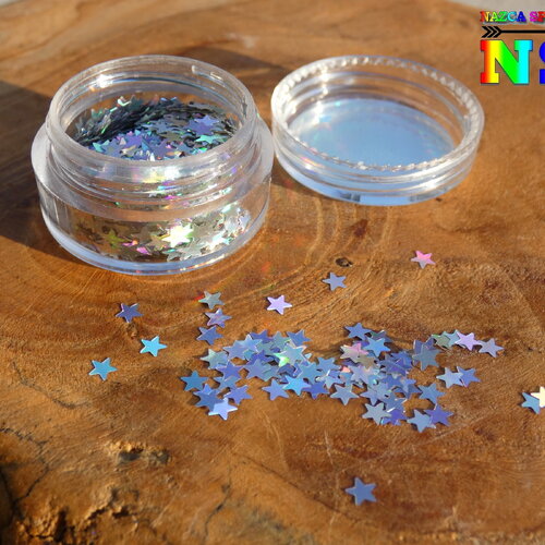 Paillettes etoiles holographiques argent effets laser multicolore,  nail art décoration scrapbooking, pot flacon pvc transparent 10 grammes