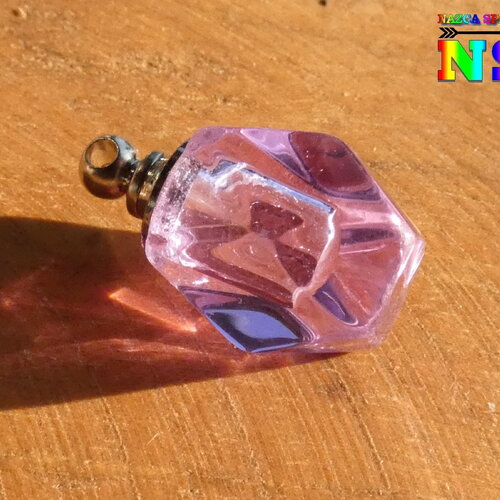 Pendentif flacon parfum octogonal en cristal de 1.8cm de haut violet améthyste,réservoir de 1 ml, création bijou tendance fêtes anniversaire