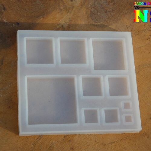Moule silicone transparent pour réaliser des cabochons carrés plats, support création bijoux, kit  10 supports cabochons 5 mm à 3,5 cm