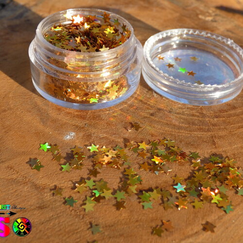 Paillettes etoiles holographiques or effets laser multicolore,  nail art décoration scrapbooking, pot flacon pvc transparent 10 grammes