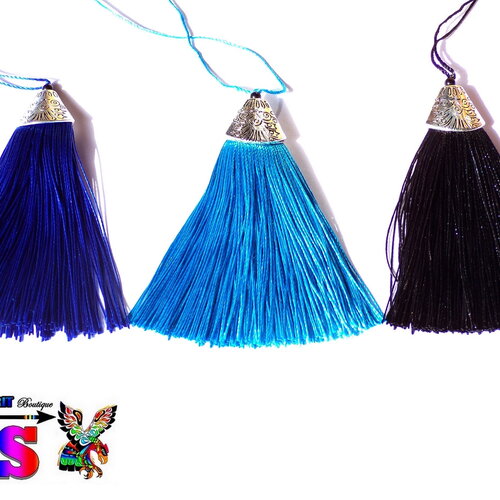 Pendentifs pompons de 8 cm (&quot;3.15) - rayonne soie artificielle - pompons pour création bijoux - 1 bleu cobalt - 1 bleu turquoise - 1 noir