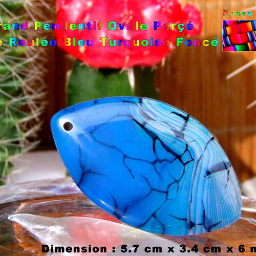 Grand pendentif forme oeil de cheval de 5.7 cm / perle perçée / agate veine de dragon / pierre fine / bleu turquoise et veines noires