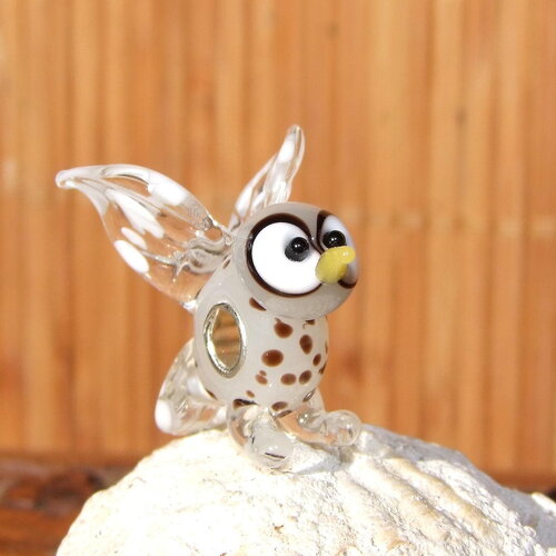 Grande perle artisanale hiboux  verre filé à la main de 3.5 cm x 3.5 cm (&quot;1.37 x &quot;1.37) - rivet plaqué argent