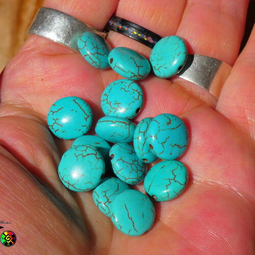 7 perles rondes palets de 1.2 cm (&quot;0.47) en howlite naturelle teintée couleur bleu vert turquoise -perles gemme création bijoux