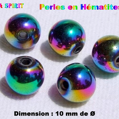 10 perles rondes de 10 mm en pierre d'hématite - pierre fine multicolore iridescent - hématite arc-en-ciel pour création bijoux ethniques
