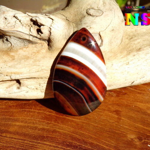 Grand pendentif goutte de 5 cm (&quot;1.96) en agate enrubannée naturelle du botswana - agate marron chocolat crème - grande pierre fine percée