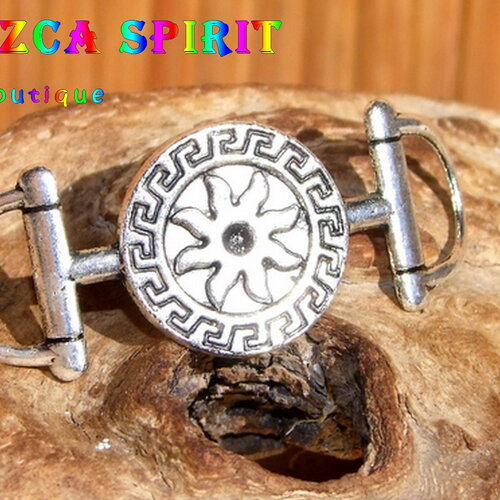 Connecteur bracelet de 4 cm alliage tibétain plaqué argent - connecteur avec gravures en relief - soleil et symboles ethniques maya