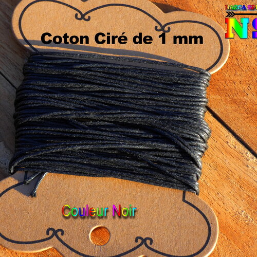 Cordon coton ciré de 1 mm (&quot;0.039) de diamètre couleur noir kajal - coton ciré pour création bijoux macramé - vendu par 10 mètres