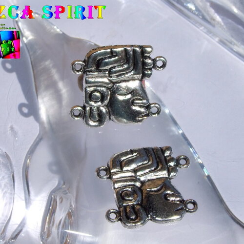 5 petits connecteurs tribal ethnique de 2.3 cm, visages gravés divinités mayas incas, alliage tibétain argent vieilli