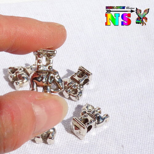 5 perles passant cuir forme éléphants sculptés 2 cm (&quot;0.78)  - perles plaqué argent - pour cordon 5 mm (&quot;0.19) -perles pour création bijoux