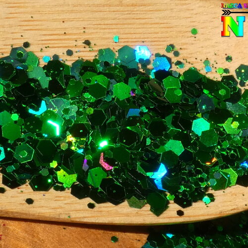 Paillettes laser holographique hexagonales caméléon sachet de 5 gr (0.18 oz), vert emeraude iridescent, pour inclusion résine, nail art