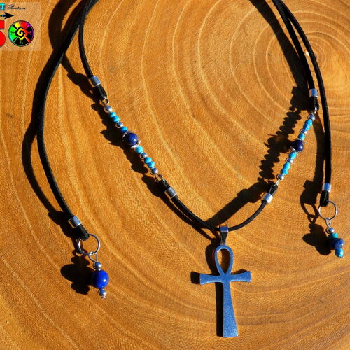 Collier egyptien ajustable pendentif croix de vie egyptienne ankh titane argent - bijou précieux lapis lazuli et turquoises sleeping beauty