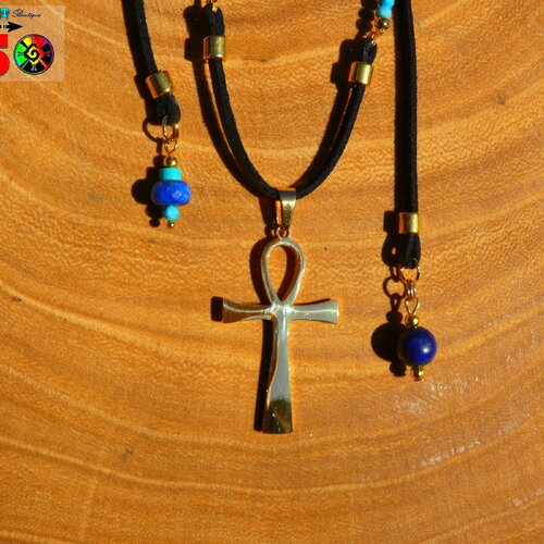 Collier egyptien ajustable pendentif croix de vie egyptienne ankh titane plaqué or-bijou précieux lapis lazuli et turquoises sleeping beauty