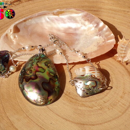 Collier sautoir tahitien fait main de 57 cm (&quot;22.44)  - bijou chaîne argent sterling et perles de culture blanches et nacres abalone paua