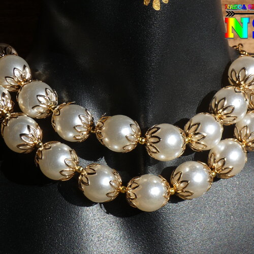 Collier ras de cou ajustable double rang de perles en résine nacrée, style couture femme, fermoir mousqueton laiton doré