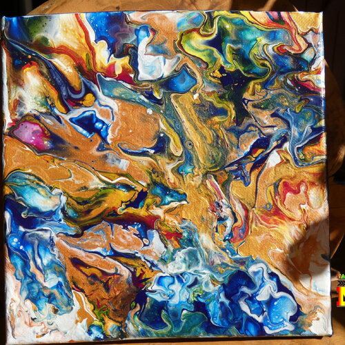 Toile peinture carrée abstraite de 30 cm, acrylique moderne décoration intérieure, technique pouring multicolore et or, idée cadeau fêtes