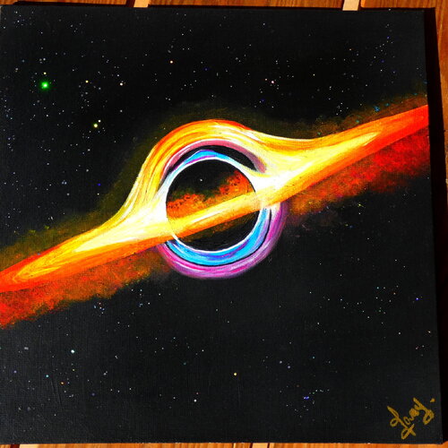 Peinture acrylique sur carton toilé carré 25 cm, espace et trou noir massif, cosmos sciences, peinture iridescente décoration intérieure