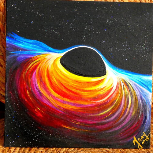 Peinture acrylique sur carton toilé carré de 25 cm, espace et trou noir massif, cosmos sciences, peinture iridescente décoration intérieure