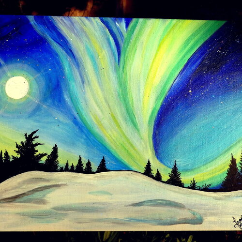 Peinture acrylique sur carton toilé 30 cm, paysage de montagne aurore boréale neige et sapins, peinture iridescente décoration intérieure