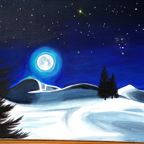 Peinture paysage de montagne au clair de lune - toile  coton châssis bois carré 30 cm x 30 cm (&quot;11.81 x &quot;11.81)  - tableau artistique signé