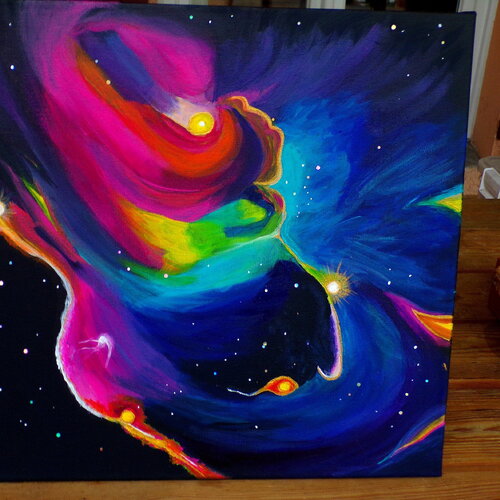 Peinture espace nébuleuse - toile  coton châssis bois carré 40 cm x 40 cm (&quot;15.74 x &quot;15.74) - tableau artistique cosmos - tableau signé