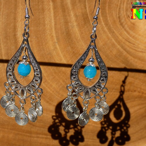 Pendants ethniques plaqué argent et perles agate veine de dragon bleu turquoise -bijou bohème ethnique inspiration pérou-création artistique