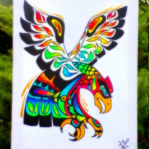 Peinture acrylique aigle tribal ethnique sur châssis bois et toile de coton 40 cm x 30 cm et peinture acrylique multicolore et or &quot;wanbli&quot;