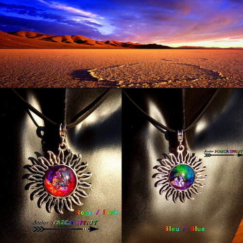 Collier ethnique ajustable / tour de cou daim suédé noir / pendentif soleil inca plaqué argent / cabochon verre multicolore iridescent