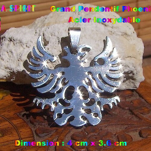 Grands pendentifs phoenix stylisé ciselé en acier inoxydable argenté brillant de 4.5 cm x 3.6 cm