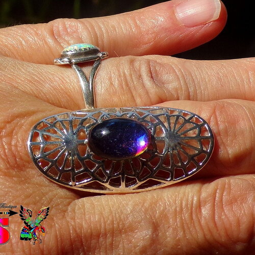 Bague bohème métal plaqué argent - taille france t63 (us 10 1/4) - détails floraux ciselés - cabochon en cristal autrichien héliotrope
