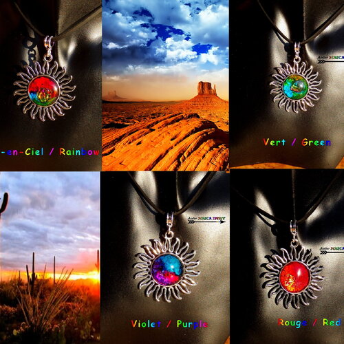 Collier réglable suédine noir et pendentif soleil inca plaqué argent cabochon coloration artisanale nazca spirit multicolore iridescent