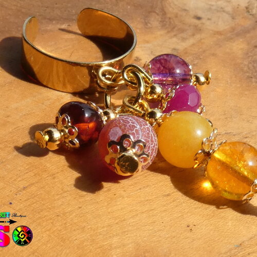 Bague ajustable anneau large acier inoxydable plaqué or 18k, perles pierres fines et précieuses, citrine rubis jade fuchsia des montagnes