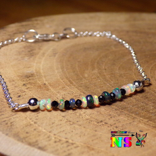 Bracelet chaîne en argent 925 et opales blanches et noires ethiopie - bracelet féminin délicat en pierres précieuses - bijou bohème français
