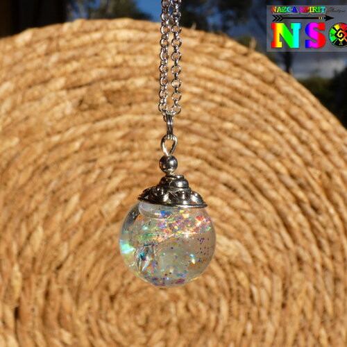 Collier chaîne argent 925, pendentif orbe magique, bijou de fée lumineux, sphère féérique iridescente, bijou luminescent la nuit