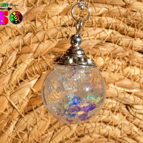 Collier chaîne argent 925, pendentif orbe magique, bijou de fée lumineux, sphère féérique iridescente, bijou luminescent la nuit