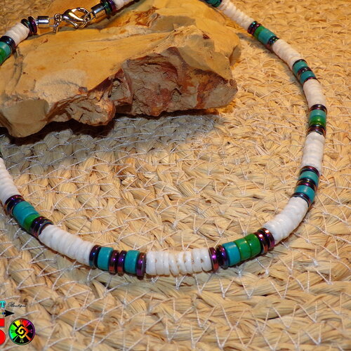 Collier ras de cou surfer de 44 cm (&quot;17.32) de long - collier perles coquillage blanc tahitien, perles fines de turquoises xian et hématites