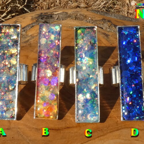 Bague fantaisie ajustable multicolore iridescent luminescent, bijou rectangle plaqué argent fait main, brille dans le noir, modèle au choix