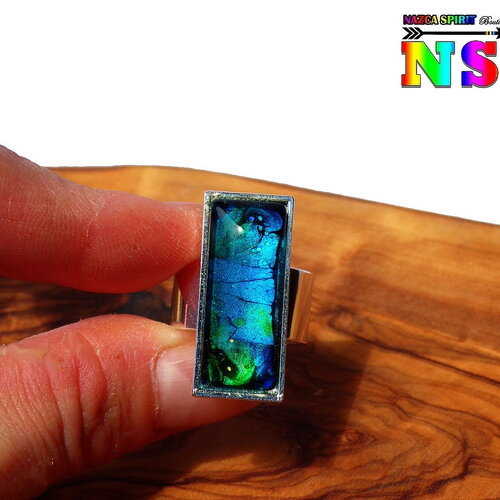 Bague réglable tribale ethnique - bijou artisanal fait main - bague aztèque laiton plaqué argent - cabochon rectangle verre turquoise vert