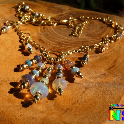 Collier ras de cou chaîne laiton plaqué or, véritables perles opales ethiopie multicolores, bijoux précieux femme, collier de 43 cm de long