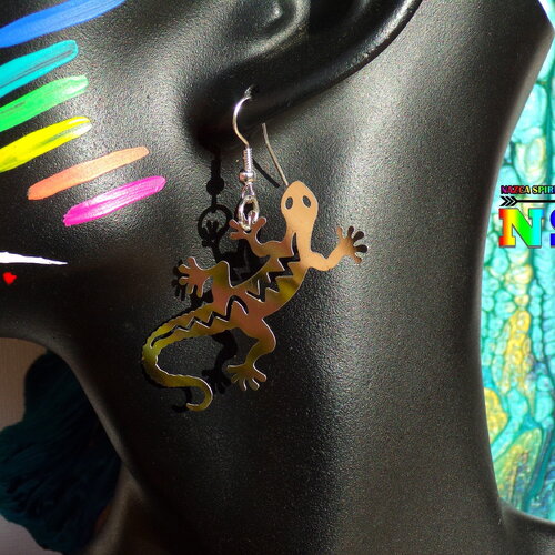 Pendants d'oreilles etniques gecko lézard acier inoxydable - boucles d'oreilles artisanales - bijou esprit bohème ethnique - argent brillant