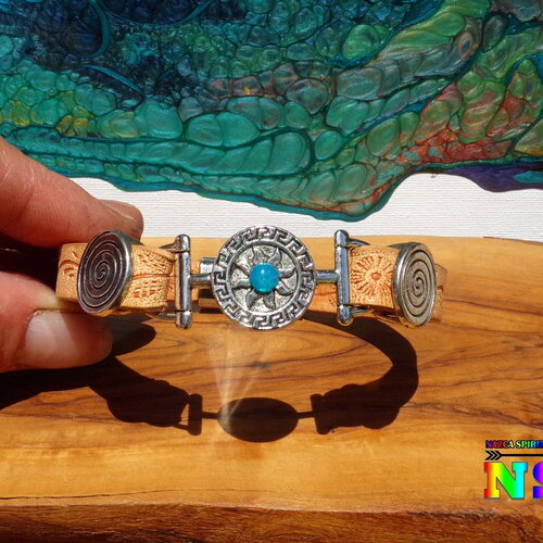 Bracelet boho ethnique cuir impression fleurs soleil inca plaqué argent et opale bleue du mexique - bracelet artisanal fermoir magnétique