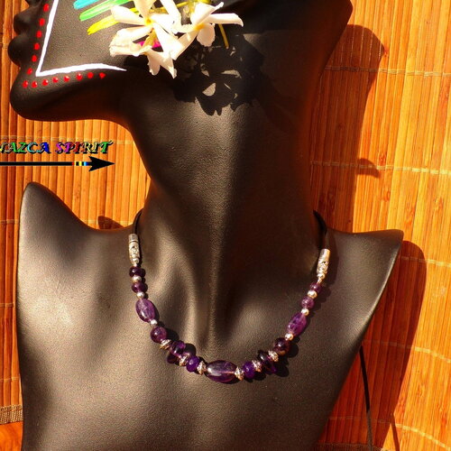 Collier ajustable artisanal fait main perles améthystes naturelles, bijou bohème cristal améthyste france, collier femme argent et violet