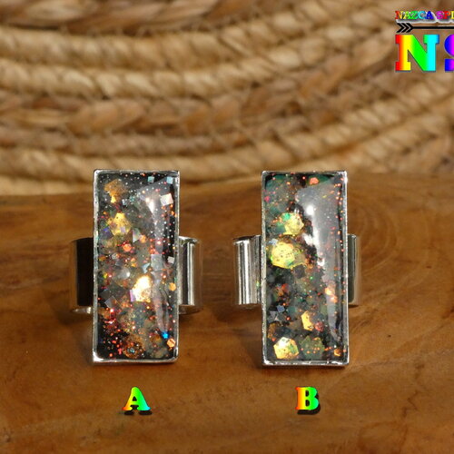Bague fantaisie ajustable multicolore iridescent luminescent, bijou rectangle plaqué argent fait main, brille dans le noir, modèle au choix