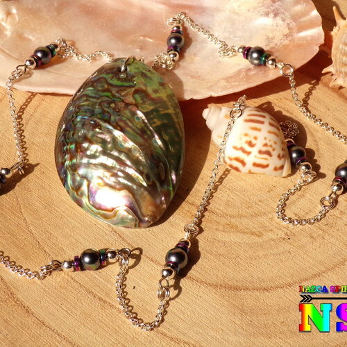 Collier sautoir tahitien fait main de 63 cm (&quot;24.80)  - bijou chaîne argent sterling et perles de culture noires et nacres abalone paua