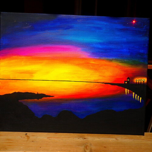 Tableau coucher de soleil sur l'océan - toile  coton châssis bois rectangle 50 cm x 40 cm (&quot;19.68 x &quot;15.74) - peinture artistique signée