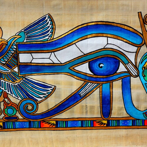 Peinture oeil du dieu horus egypte antique de 35 cm x 25 cm - peinture réalisée à la main sur papyrus peintures acryliques couleurs et or