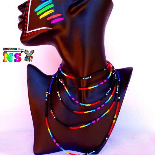 Grand sautoir collier tribal ethnique de perles rocaille verre multicolores, long collier de 2 m de long  (&quot;78.74)