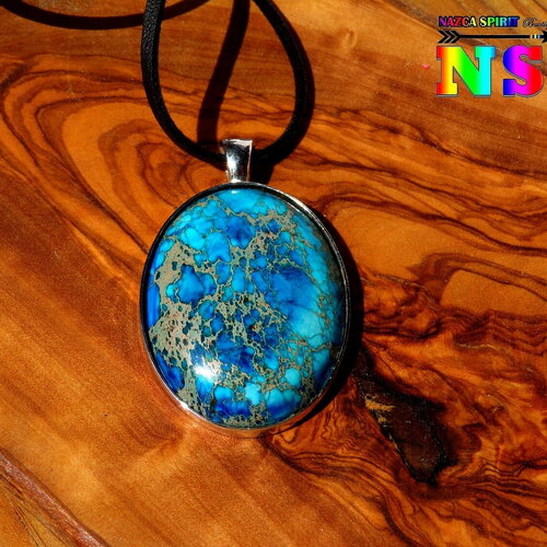 Collier ethnique ajustable - pendentif ovale plaqué argent - pierre fine jaspe aquaterra - bleu turquoise- tour de cou daim suédé noir