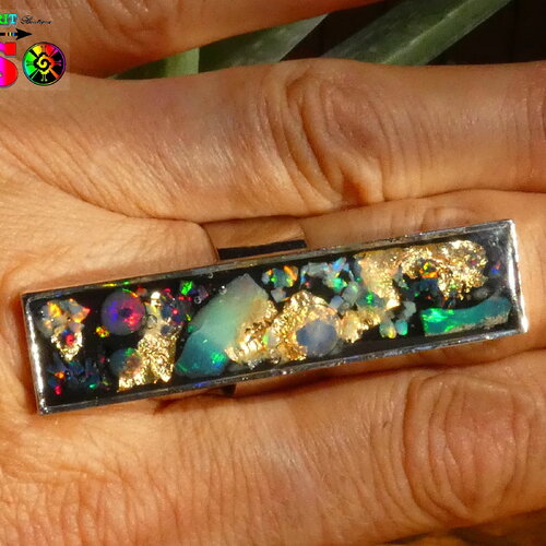 Bague cocktail réglable rectangle, plaqué argent, opales naturelles ethiopie,  feuilles or 24 k, inclusion résine, bijou fait main précieux