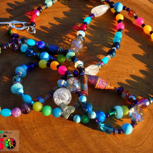 Sautoir bohème hippie esprit woodstock perles en verre de bohème pierres fines et cristal swarovski-collier multicolore long 135 cm (&quot;53.14)